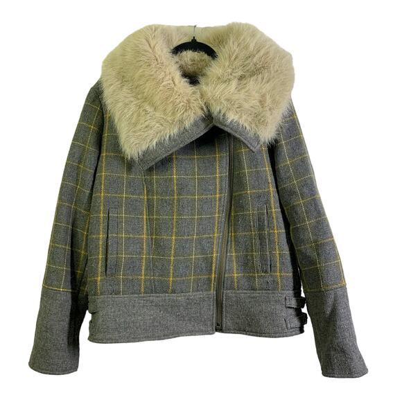 BANANA REPUBLIC Coat Jacket Moto Plaid Faux Fur‎ Collar Tweed Zip Cuffs - Picture 1 of 15